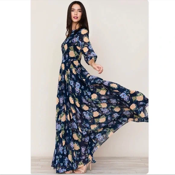YUMI KIM Woodstock Maxi Lilac Passion Dress L Navy Floral